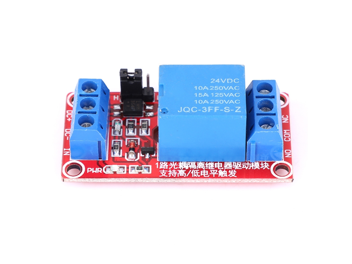 Módulo de relé monocanal con aislamiento por optoacoplador, disparo por nivel bajo, compatible con PLC de 24 V (sin marca).