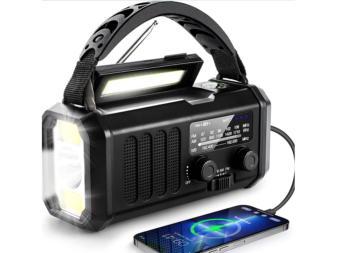 Radio de emergencia Viewleaf de 10 000 mAh con carga solar, manivela, dinamo, AM/FM/NOAA, linterna, alarma SOS y batería externa portátil.