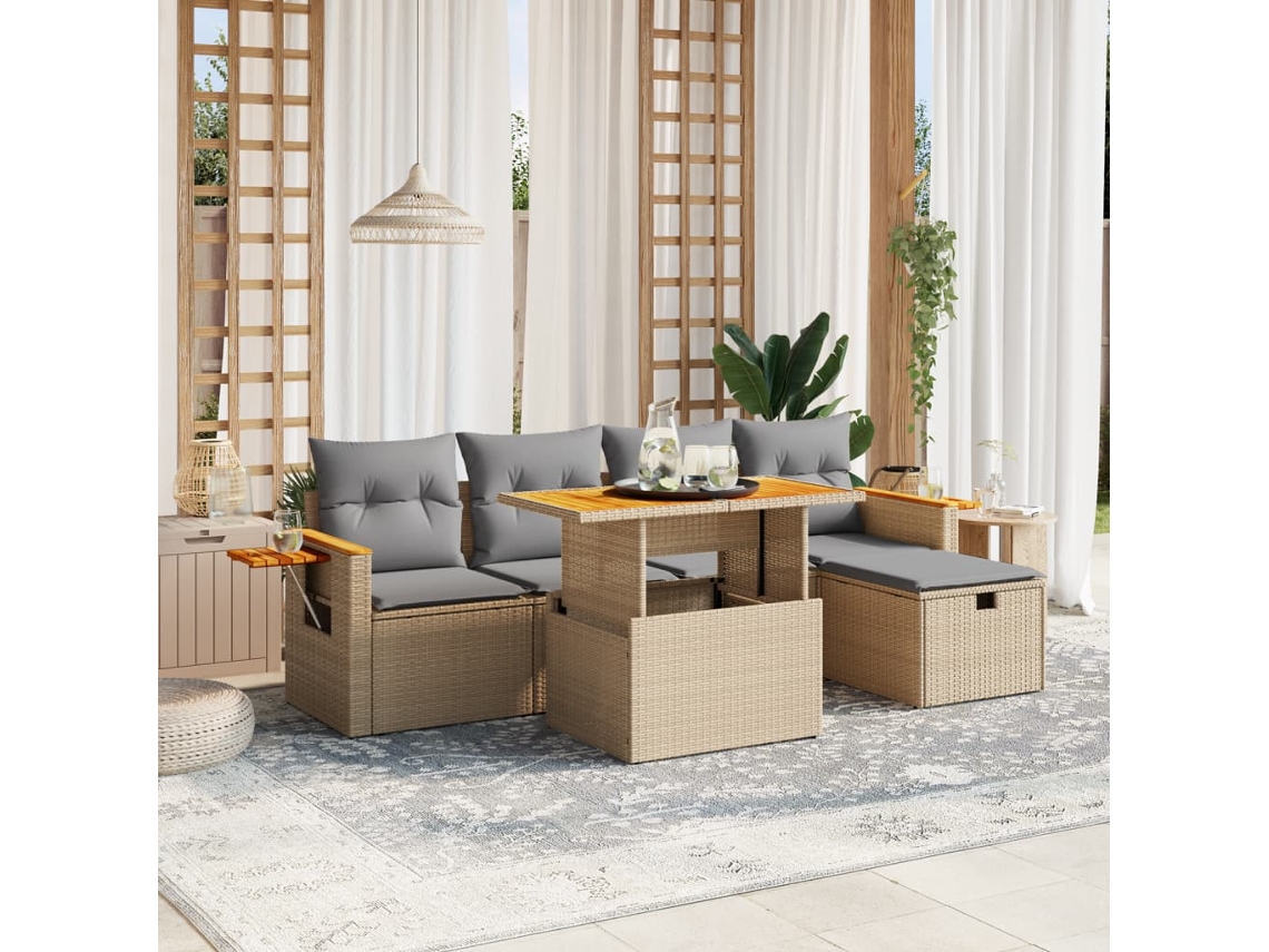 Conjunto de sofá de jardín de 6 piezas con cojines, mimbre sintético beige, Dkd Home Decor