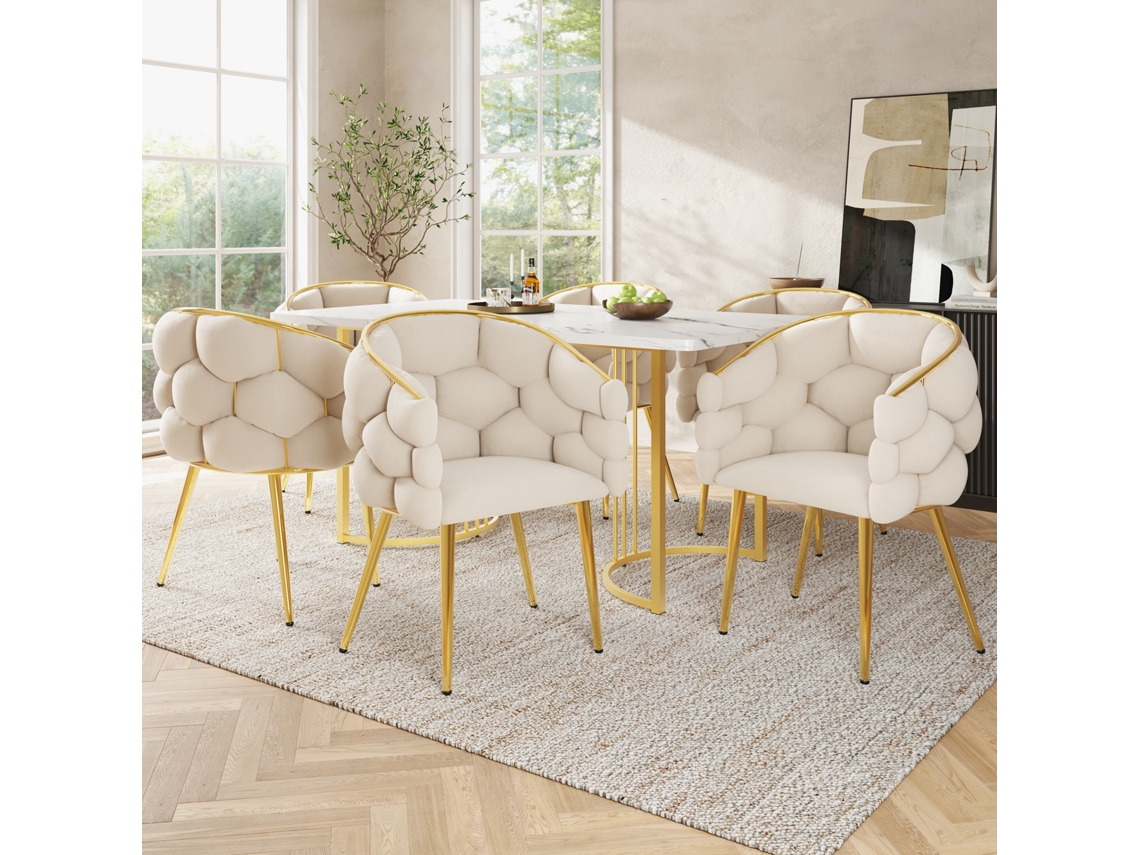 Sillas de salón modernas de terciopelo con patas de hierro dorado beige Mobrio (6 piezas)