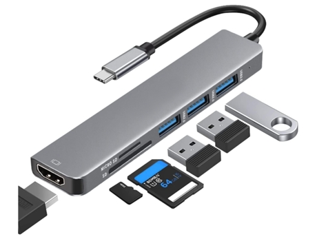 Adaptador USB C 4K Hdim Tarjeta SD 6 en 1 para Hub USB C Adaptador USB-C USB 3.0 USB 2.0 y Lector de Tarjetas Micro Sd/Sd Gris