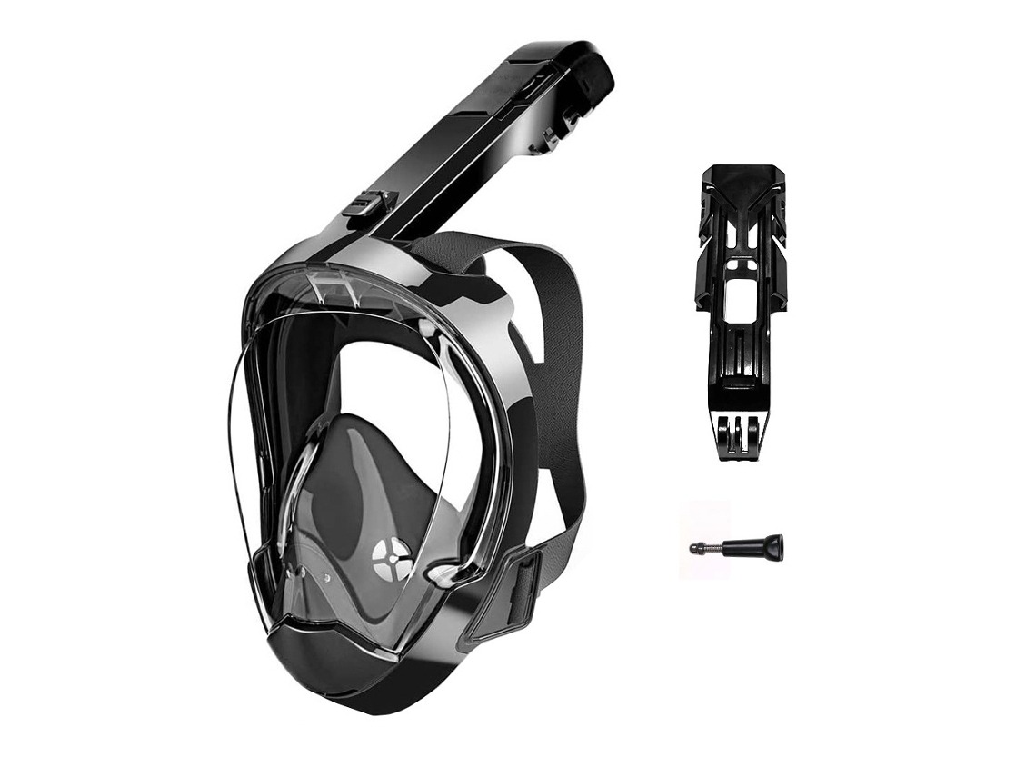 Máscara de snorkel de cara completa con sistema Dry Top de última generación y soporte para cámara talla S/M, color negro y plateado