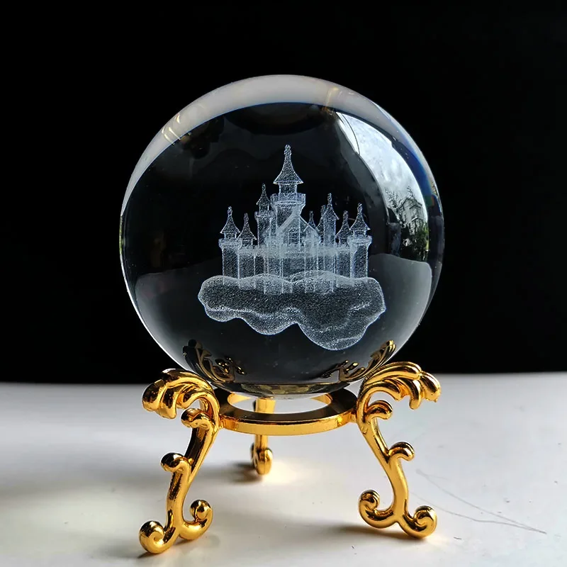 Globo Decorativo Crystal Castle De 60 Mm Con Base Dorada, Grabado Láser 3d.