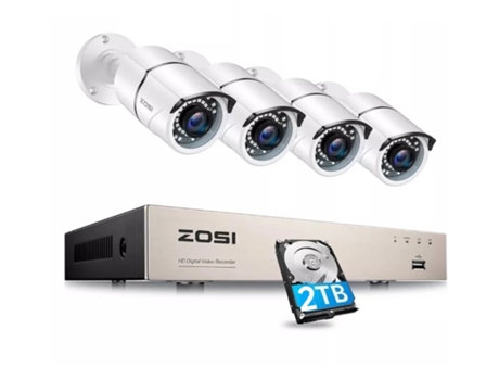 Sistema de Videovigilancia CCTV ZOSI con 4 cámaras color blanco incluye disco duro de grabación HDD 2TB
