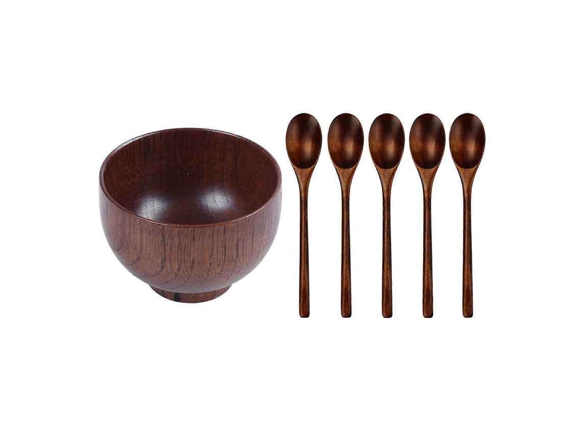 Juego de vajilla de madera de 6 piezas: 1 tazón y 5 cucharas soperas. Natural y saludable.