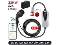 Cargador trifásico JUNSUN de 6 metros, 22 kW, 32 A, con enchufe CEE y control mediante aplicación para vehículos eléctricos.