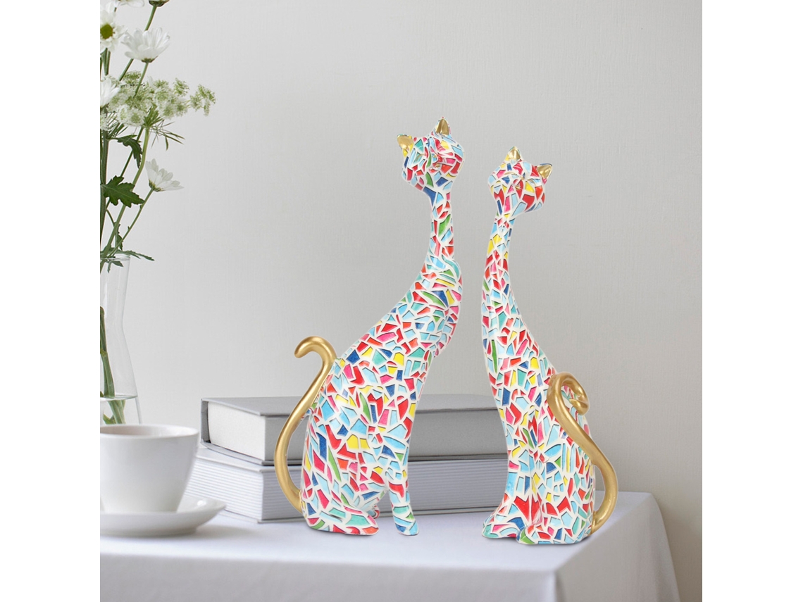 2pcs Estátuas de Gato de Pintura a Óleo em Resina Decorativas para Quarto Escritório Ky145