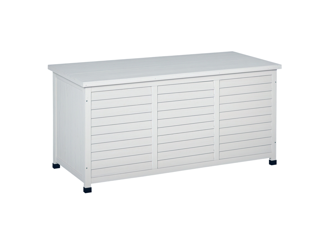 Baúl de almacenamiento exterior, madera impermeable, tapa abatible, rejilla de ventilación, 284 L, 127 x 56 x 60 cm, blanco