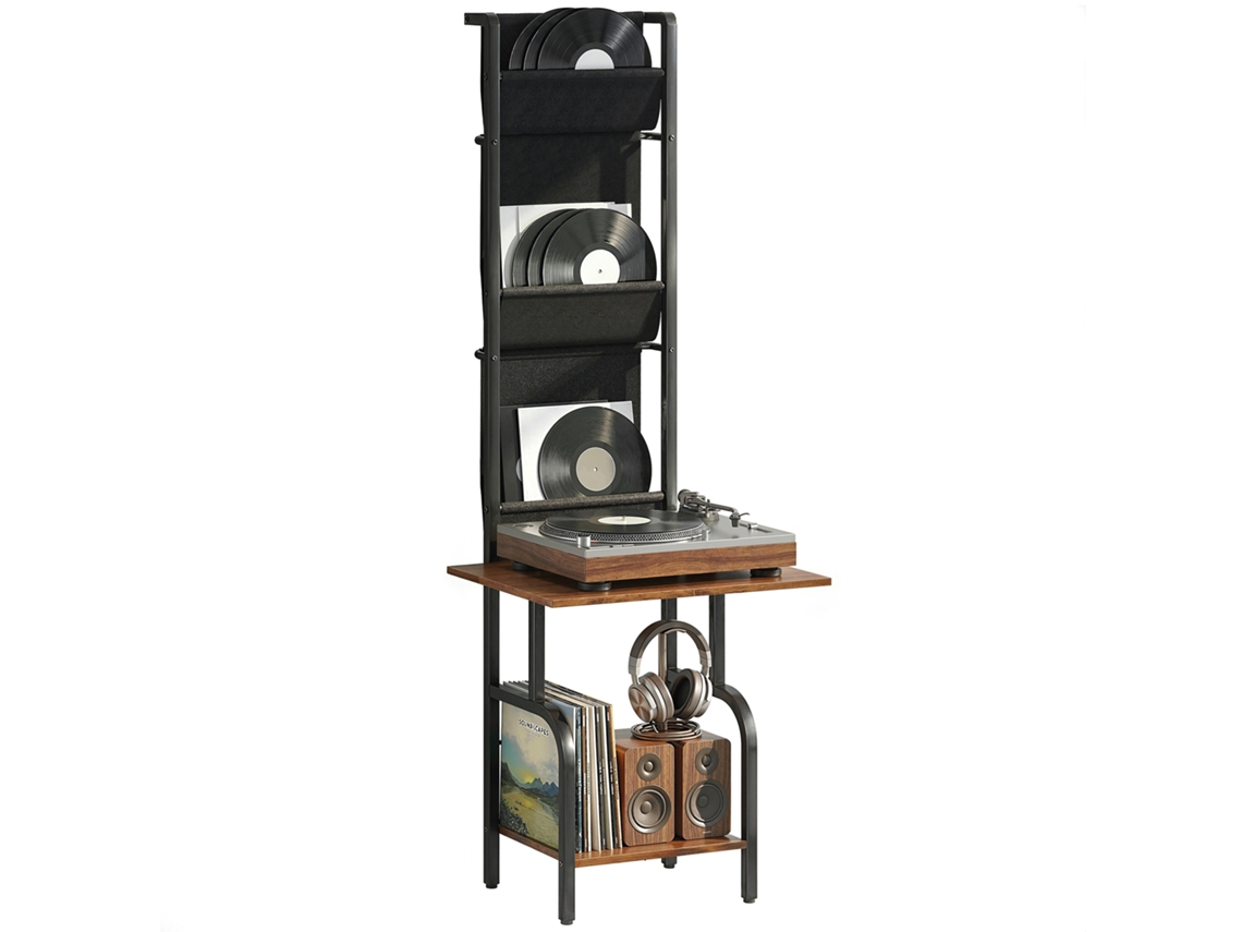 Soporte industrial para reproductor de CD/DVD con 3 bolsillos, tapa de tela y madera rústica marrón.