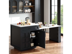 Mesa de bar extensible de 133 cm (202 x 70 x 93,5 cm) con 2 cajones y 4 compartimentos, isla de cocina extensible negra Mobrio