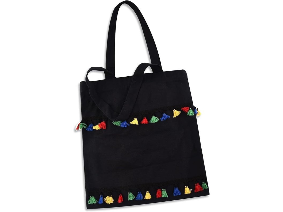2026-bolsa Tote De Lona Con Borla Para Mujer, Negro, Ideal Para Compras Y Viajes