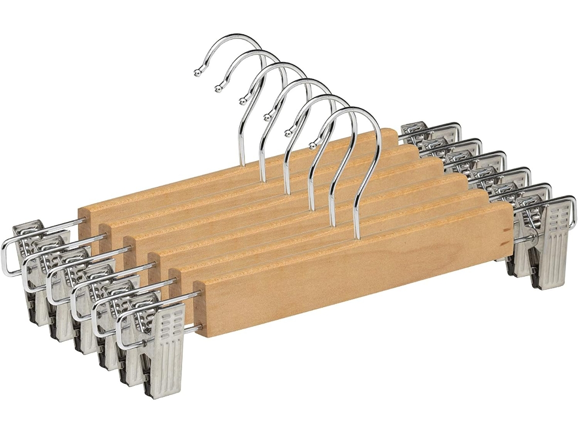 12 x Perchas de Madera Maciza para Faldas, Pantalones y Jeans, Color Natural con Cierres Anticorrosión Ajustables y Gancho Giratorio TODO HOGAR