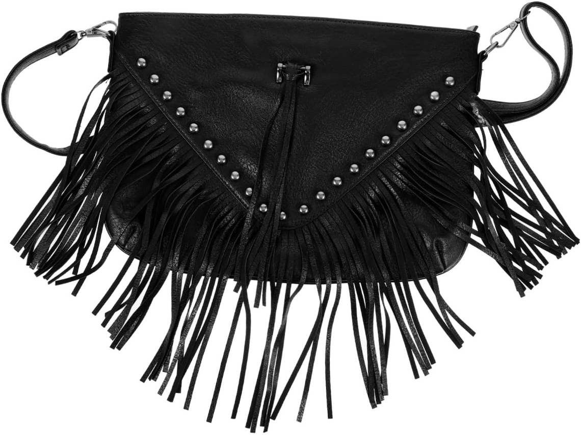 Bolso De Hombro Negro De Pu Para Mujer Con Tachuelas Y Flecos, Práctico, Para Uso Diario E Informal.
