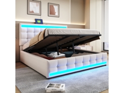 Cama Tapizada De 180x200 Cm, Color Beige, Hidráulica, Con Usb Y Led.