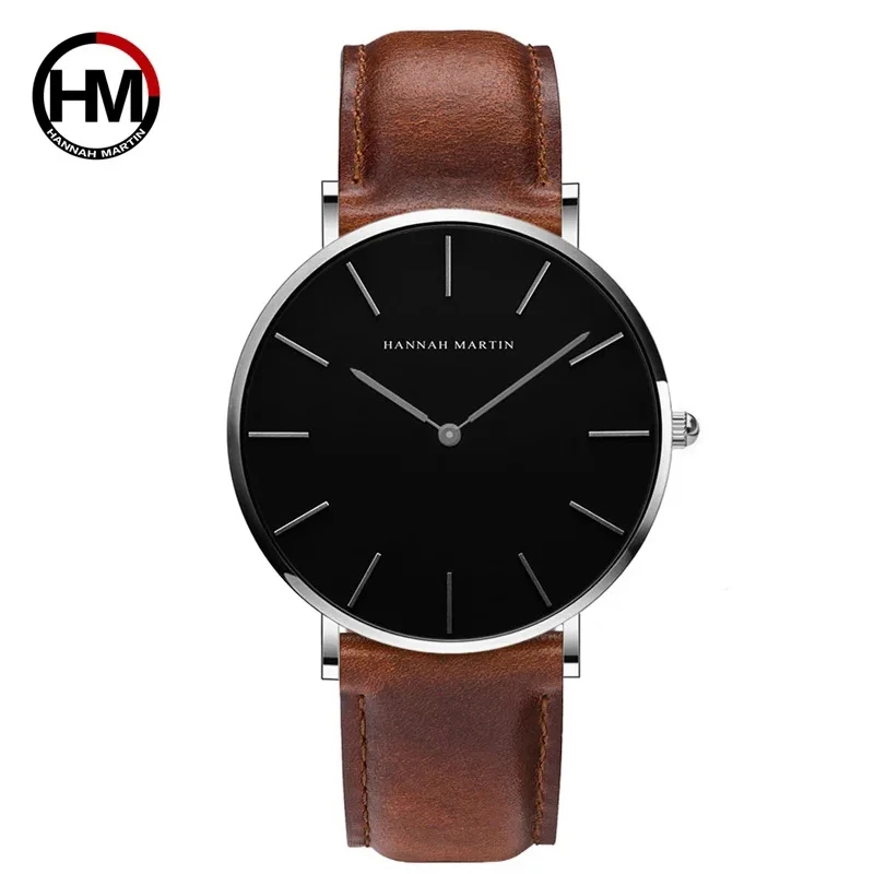 Reloj De Pulsera De Cuarzo Ultrafino Para Hombre, Sencillo Y Elegante, Con Correa Marrón, Caja Plateada Y Esfera Negra.