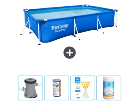 Piscina BESTWAY rectangular Steel Pro - 300 x 201 x 66 cm - Azul - Bomba incluida Filtrar - Tiras de prueba - Cloro