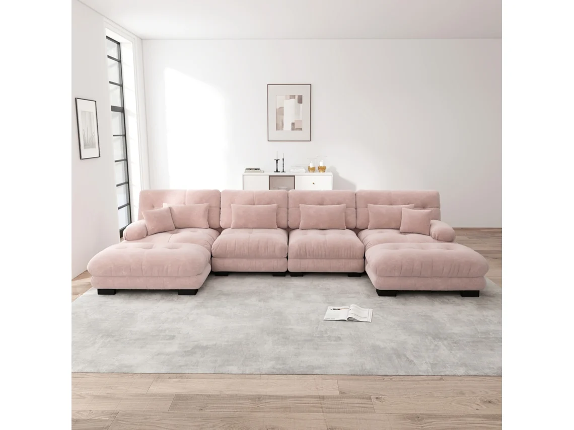 Sofá Modular 4 Plazas - U-förmige Couch, Cómoda, Con Ottoman Móvil, Combinación Diy - Rosa