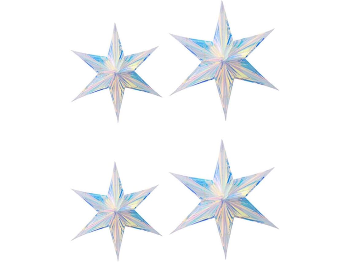 Juego 4 Colgantes Hexagonales Iridiscentes Forma Estrella Material Sintético Plateado Decoración Hogar