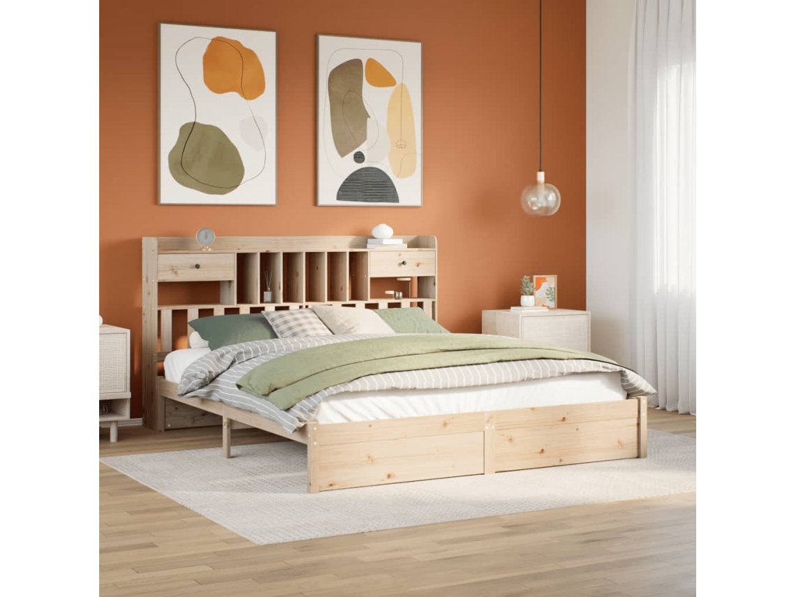Cama De Matrimonio | Cama Para Adultos | Cama Con Estantería Sin Colchón Madera Maciza De Pino 180x200cm