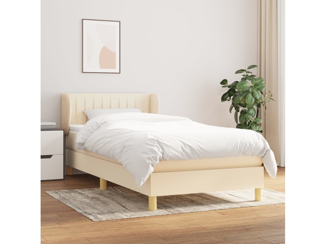 Cama Box Spring Con Colchón Tela Color Crema 100x200 Cm