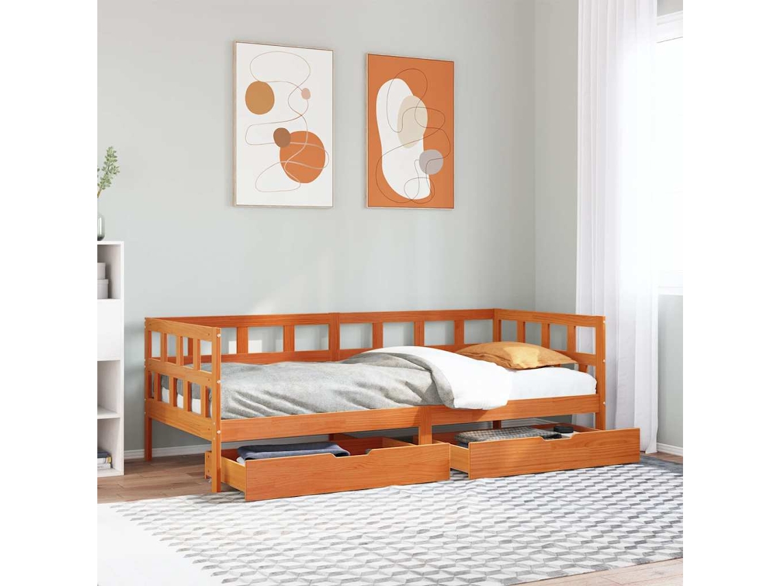 Sofá Cama Con Cajones Sin Colchón Maciza Marrón Cera 90x200 Cm