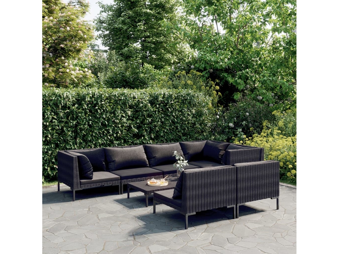 Conjunto de jardín de 8 piezas con cojines de mimbre gris oscuro de DKD Home Decor
