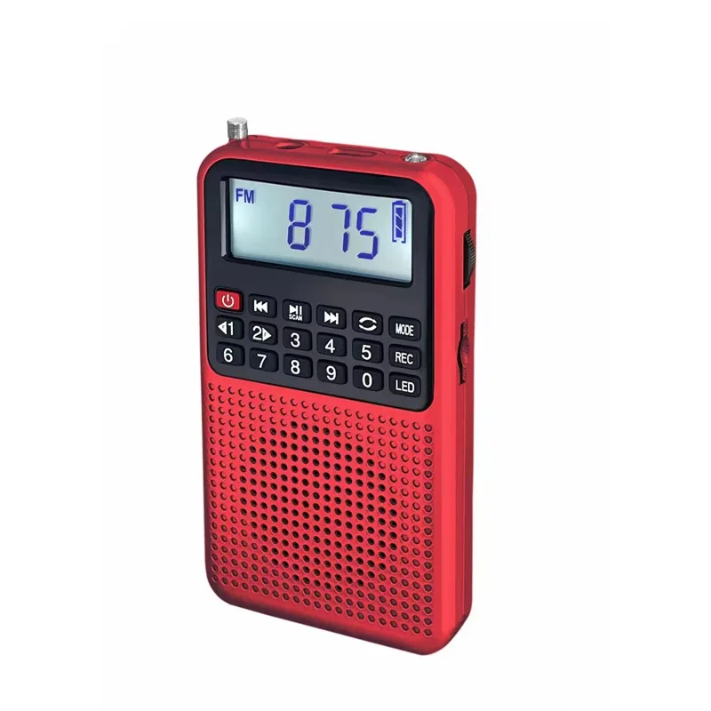 Mini radio FM (roja) - Alta sensibilidad - Altavoz Bluetooth - Grabadora - Luz LED - Ranura para tarjeta TF - Auriculares