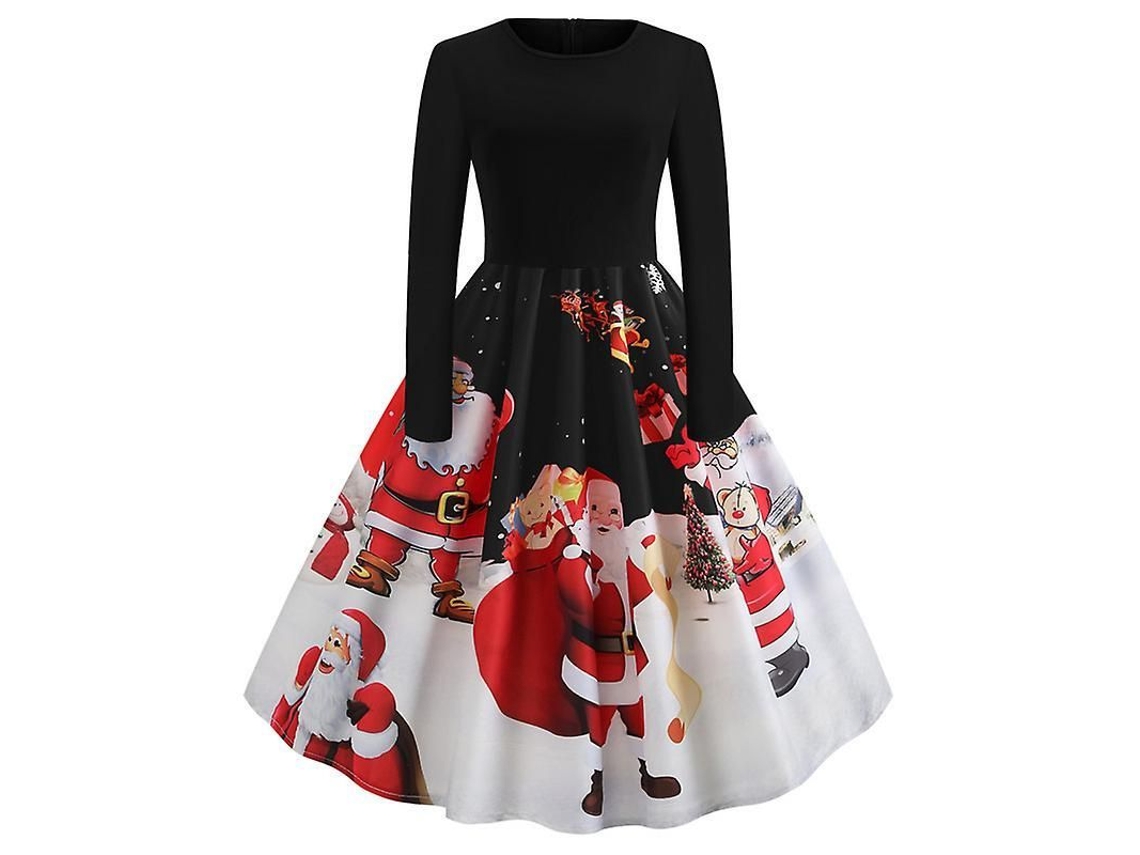 2026-vestido Midi Retro De Navidad Para Mujer Con Estampado De Santa Claus Manga Larga Vintage Rockabilly Elegante Para Fiestas Y Eventos