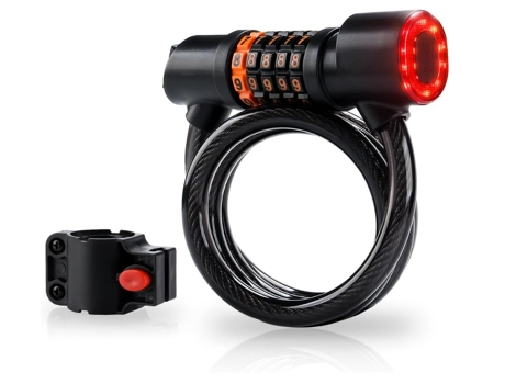 Cable de bloqueo de bicicleta Luz trasera integrada para bicicleta, candado de combinación digital de 4 pies con soporte de montaje para bicicletas...