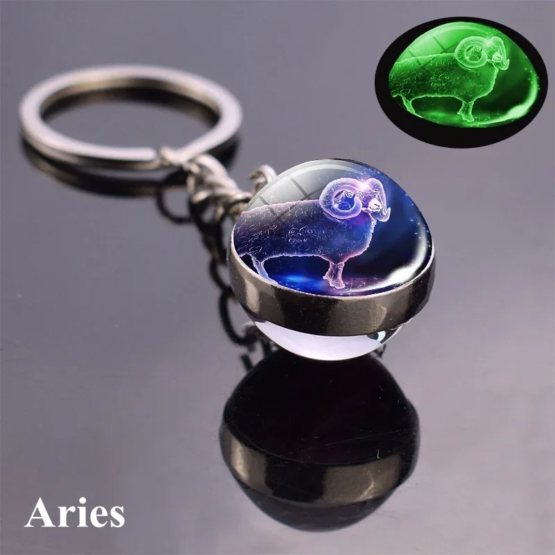 (aries) Llavero Con Bola De Cristal Brillante De Doble Cara Con Los 12 Signos Del Zodiaco