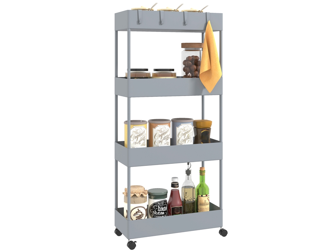 Carrito De Cocina Con 4 Estantes, Ruedas, Cestas Y Ganchos, Color Gris.