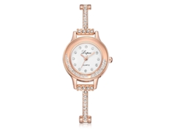 Elegante Reloj De Pulsera Para Mujer Con Cuarzo Y Piedras En La Circunferencia, Oro Rosa + Blanco.