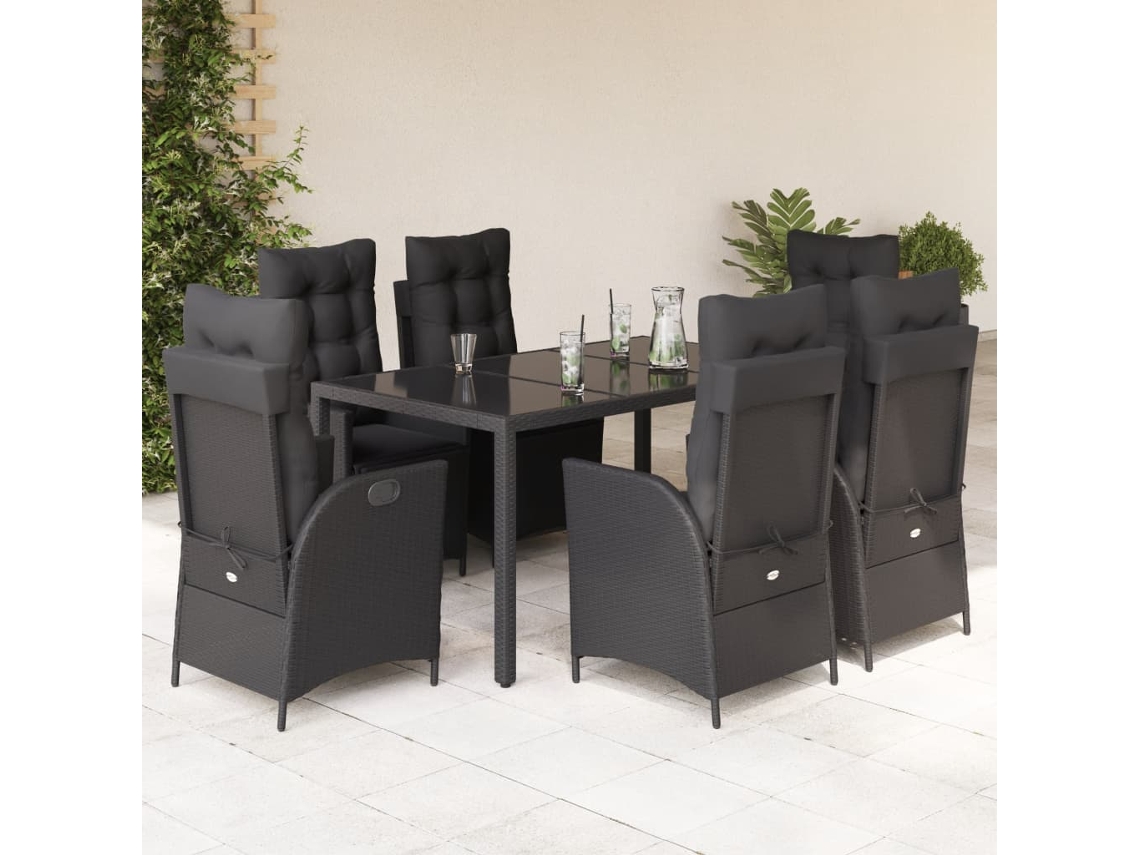 Juego de comedor de jardín de 7 piezas con cojines, mimbre sintético negro, DKD Home Decor