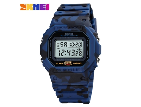 Hombres Mujeres Relojes deportivos al aire libre LED cuadrado electrónico impermeable reloj de pulsera-camuflaje azul LUUCOZK