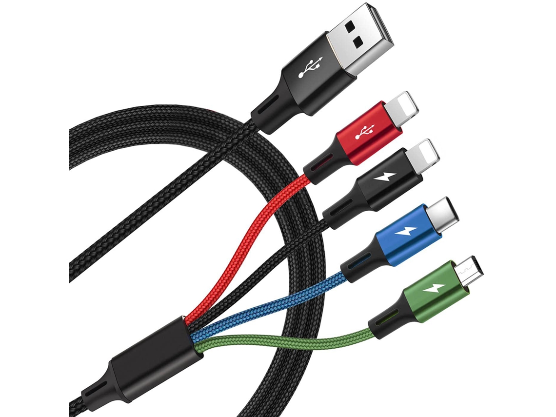Un cable de datos de 4 puertos, que incluye un puerto Lightning, dos puertos USB-C y un puerto Micro USB.