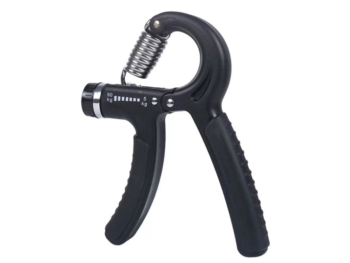 Entrenador de agarre ajustable de color negro oscuro para fortalecer los músculos de manos y brazos con resistencia. Mdug