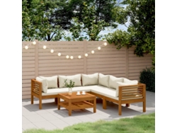 6 Piezas Conjunto Lounge Jardim C/ Almofadões Creme Acácia Maciça Dkd Decoración Del Hogar