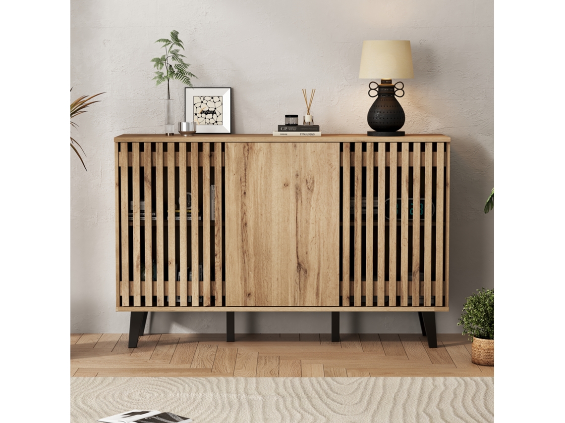 Aparador 150x40x95 cm con 3 puertas y 6 compartimentos de almacenaje, estilo escandinavo, Mobrio Natural