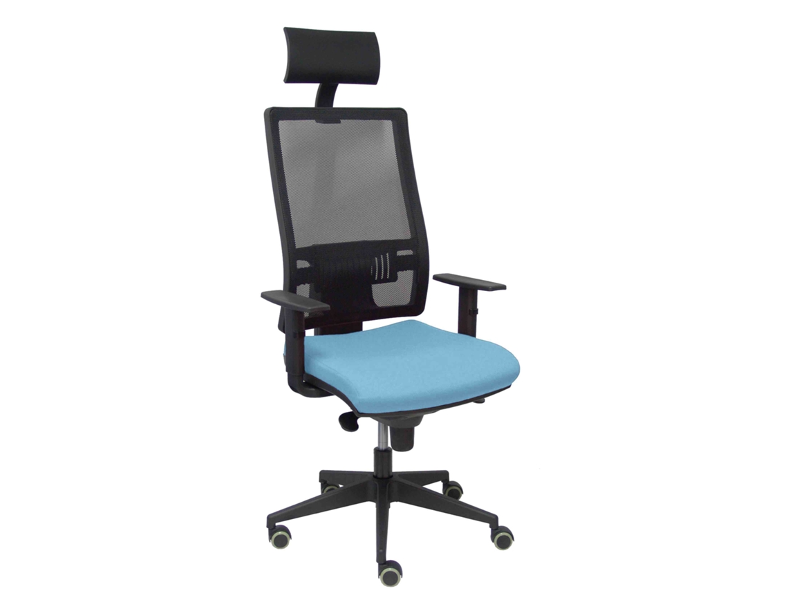 Silla de oficina Horna con mecanismo sincronizado, tapizada en tela azul claro y malla negra.