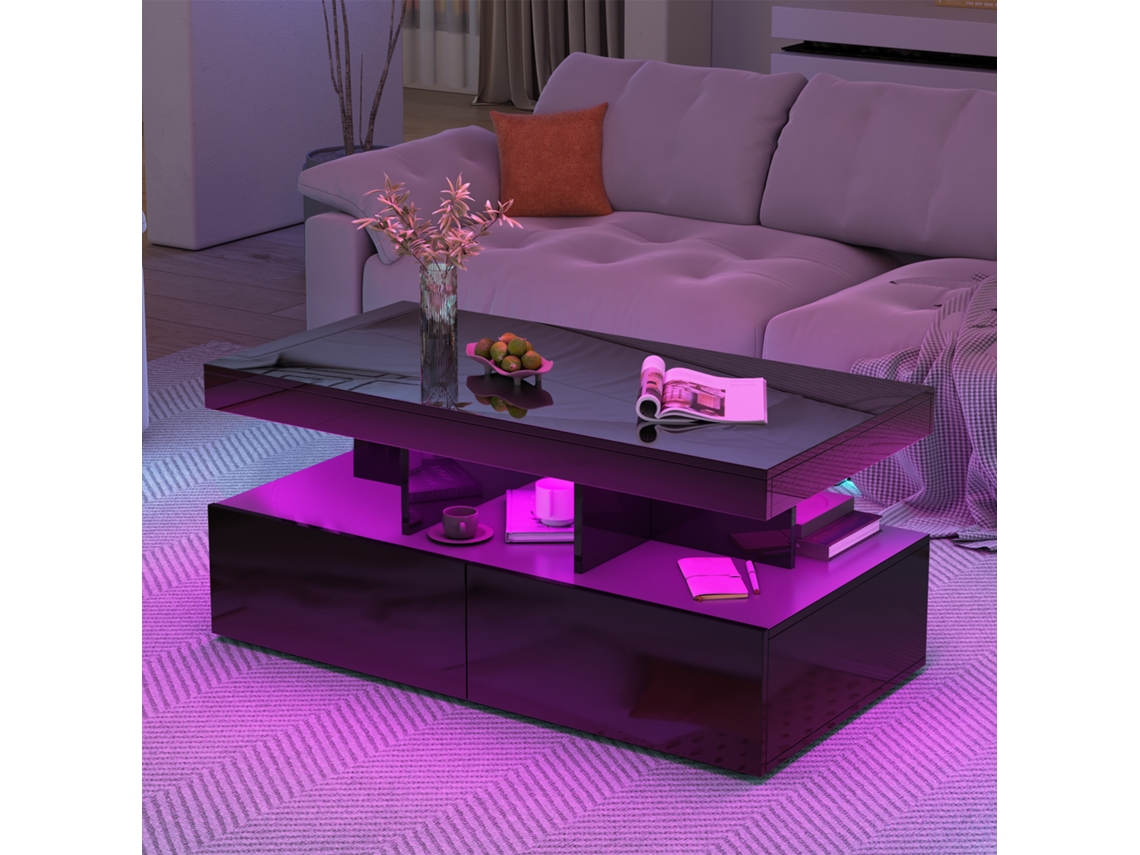 Mesa de centro 104x53x46 cm con iluminación LED, diseño moderno de alto brillo con estantes abiertos y 2 cajones, negro Rosahqnda