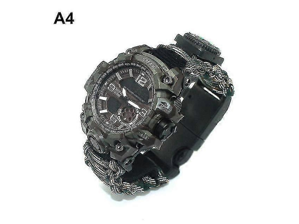 Reloj de pulsera táctico de supervivencia para exteriores 7 en 1 con brújula, raspador, silbato y herramientas de camping.
