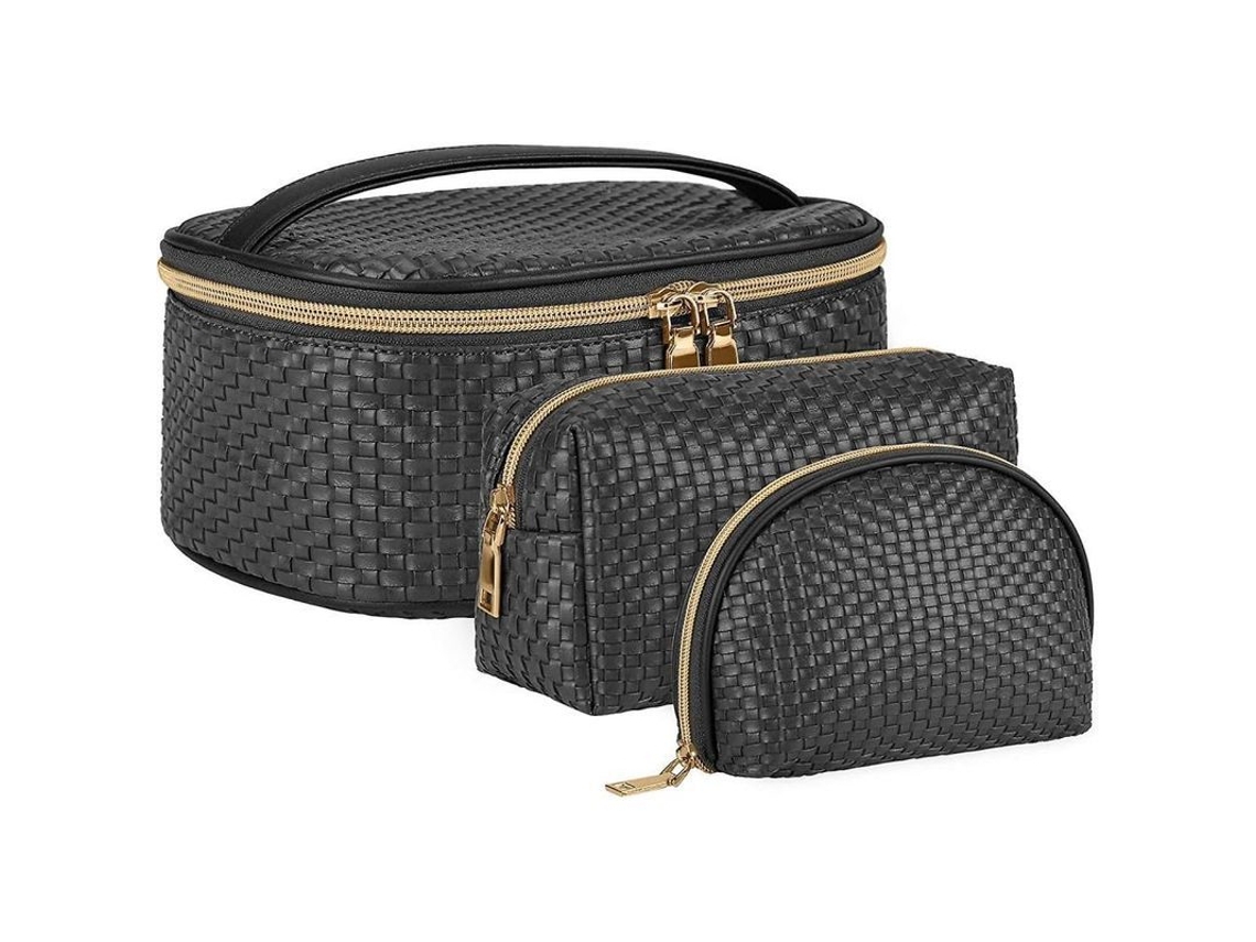 2026-kit De Bolsas De Maquillaje Para Mujer 3 Piezas, Capacidad Grande, Impermeable, Cuero Pu, Negro