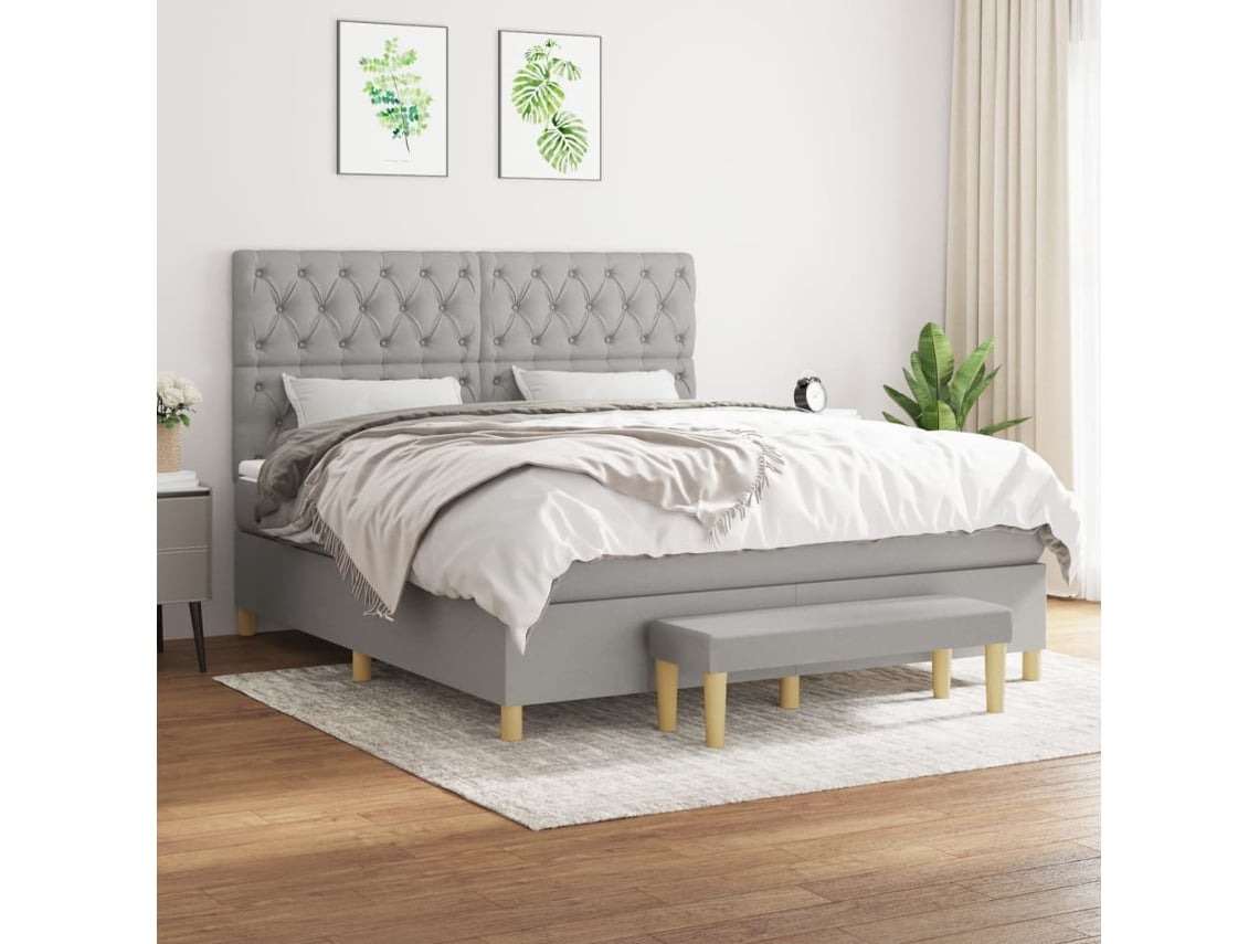 Cama Box Spring Con Colchón Tela Gris Claro 160x200 Cm