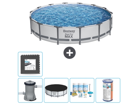 Piscina BESTWAY Round Steel Pro MAX - 427 x 84 cm - Gris - Bomba incluida Cubrir - Paquete de mantenimiento - Filtrar - Baldosas