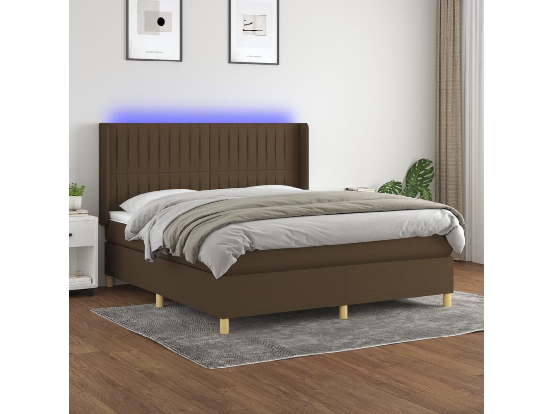 Cama Box Spring Colchón Luces Led Tela Marrón Oscuro 180x200cm