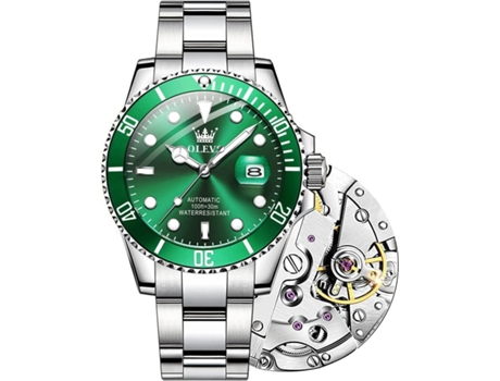 VEANXIN Reloj mecánico automático luminoso con esfera grande para hombre, resistente al agua, con mano grande y cuerda automática(verde plateado)
