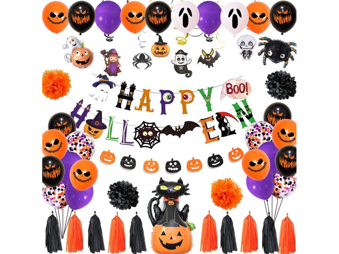 Kit De Decoración De Halloween Con 60 Piezas: Globos, Murciélagos 3d, Telaraña Y Pancarta.