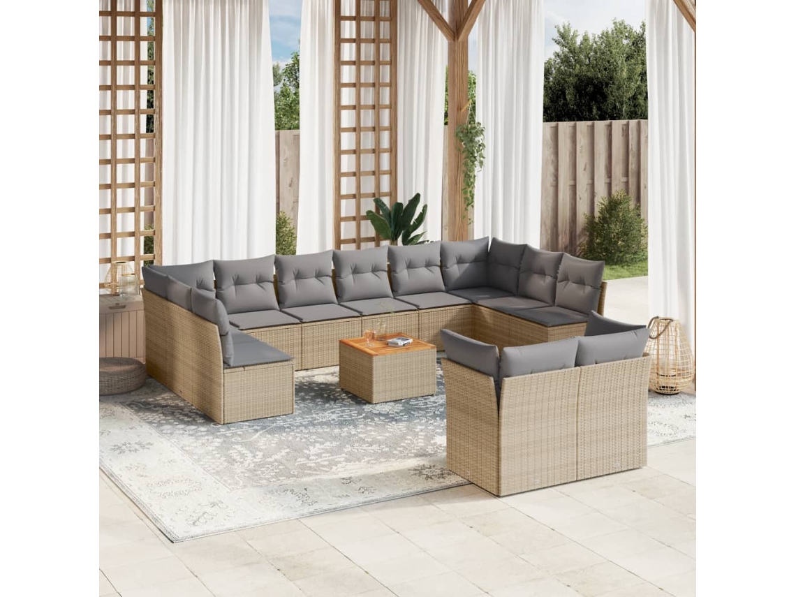 Conjunto de sofá de jardín de 13 piezas con cojines, mimbre sintético beige, Dkd Home Decor