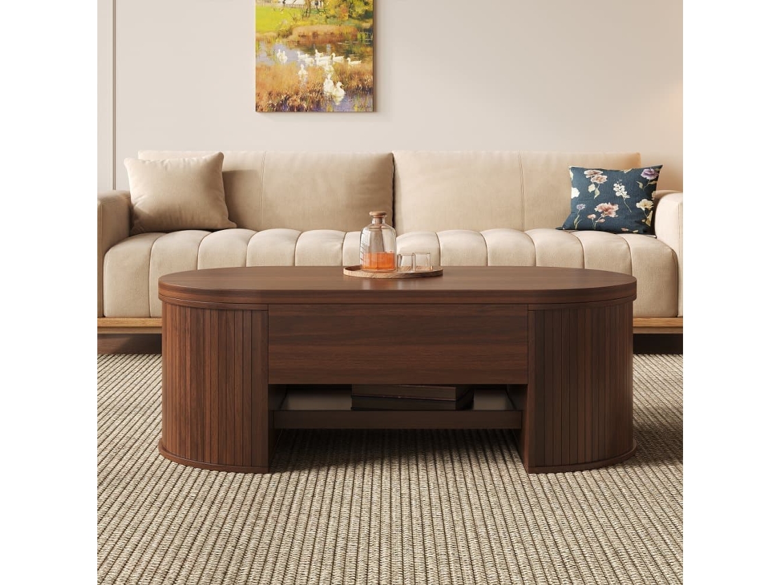 Mesa De Centro Elevable 110 Cm - Con Estante Extensible, Madera Curvada, Multifuncional - Natural