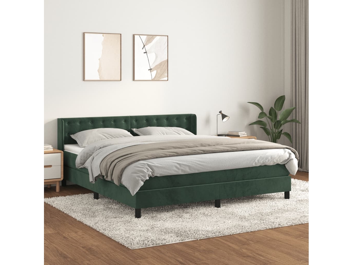 Cama Box Spring Con Colchón Terciopelo Verde Oscuro 160x200 Cm